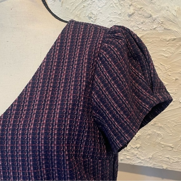 Loft V Neck Short Puffed Sleeve Tweed Career Dress Pink Purple Blue Sz 10 NWT - Picture 4 of 9